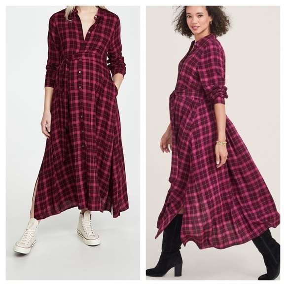 Hatch / The Alyssa Dress magenta plaid midi shirt dress size 1 Small - Picture 1 of 11